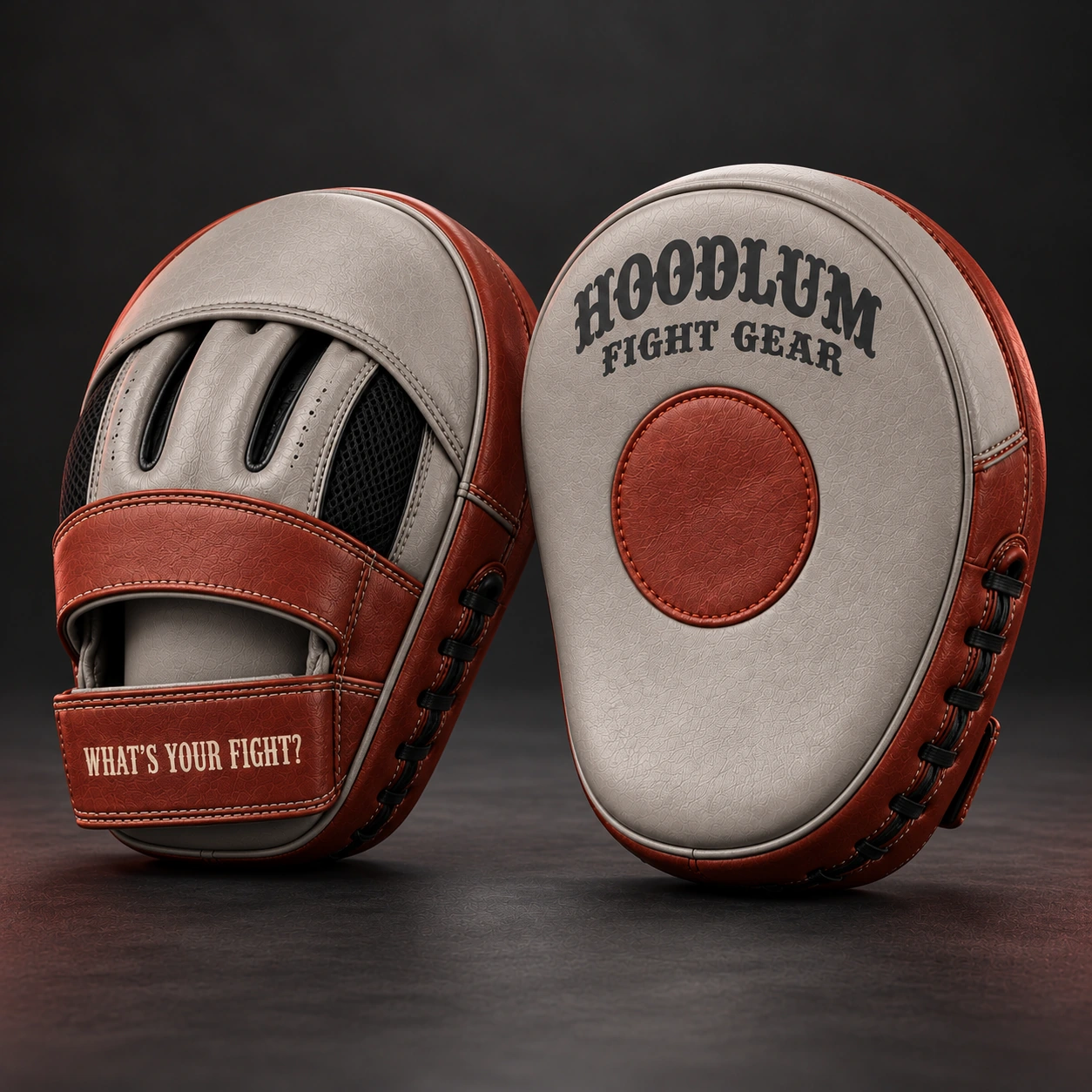 Curved Focus Mitts — Stone / Rust — Opposite-side view (AI demo concept)