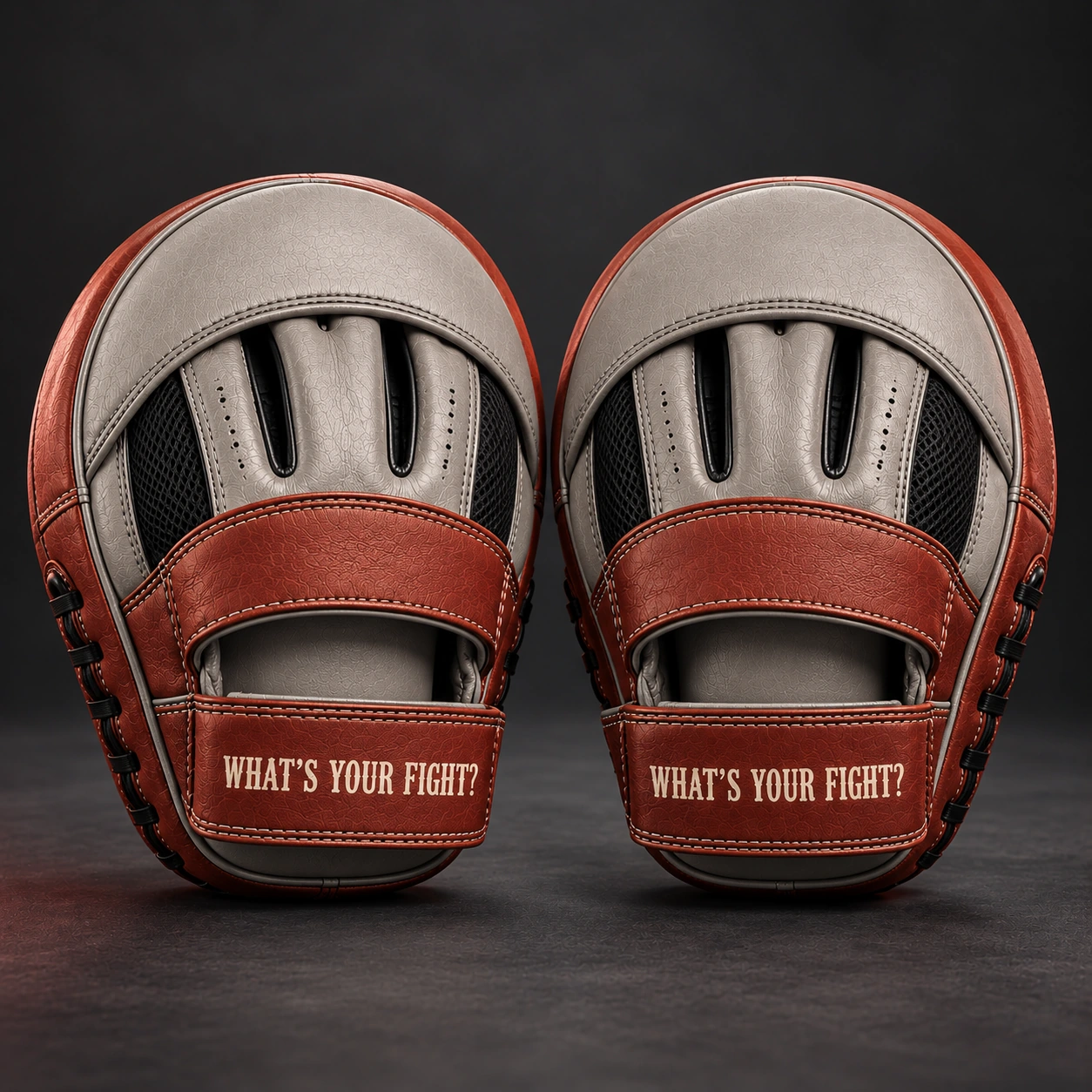 Curved Focus Mitts — Stone / Rust — Rear view (AI demo concept)