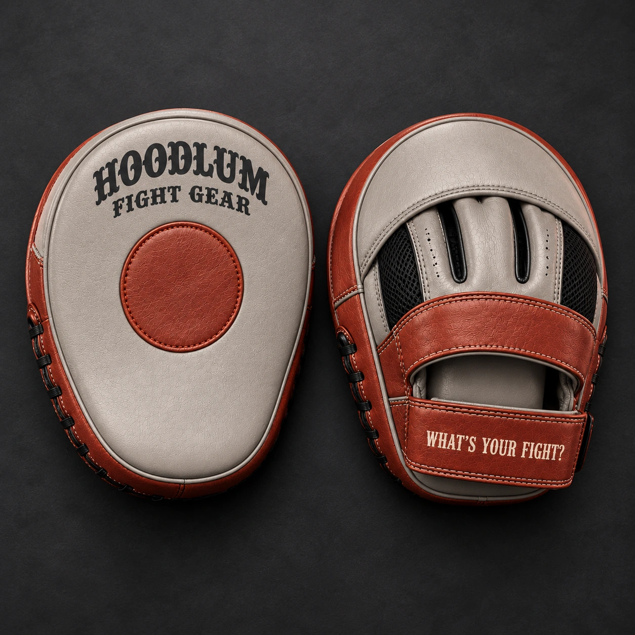 Curved Focus Mitts — Stone / Rust — Top view (AI demo concept)