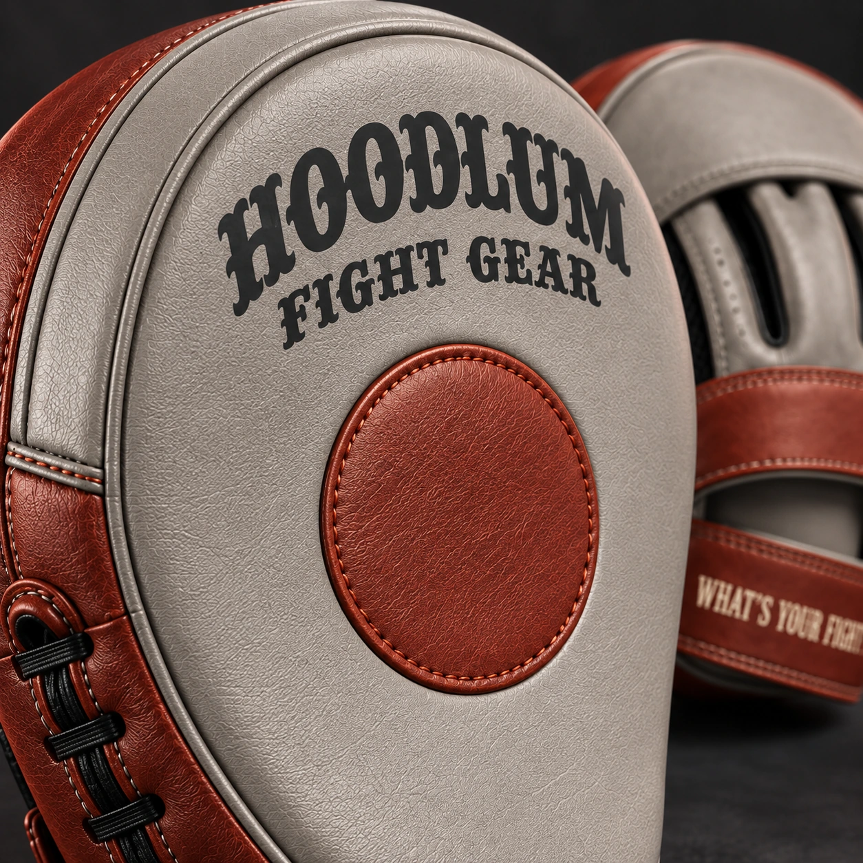 Curved Focus Mitts — Stone / Rust — Branding detail (AI demo concept)