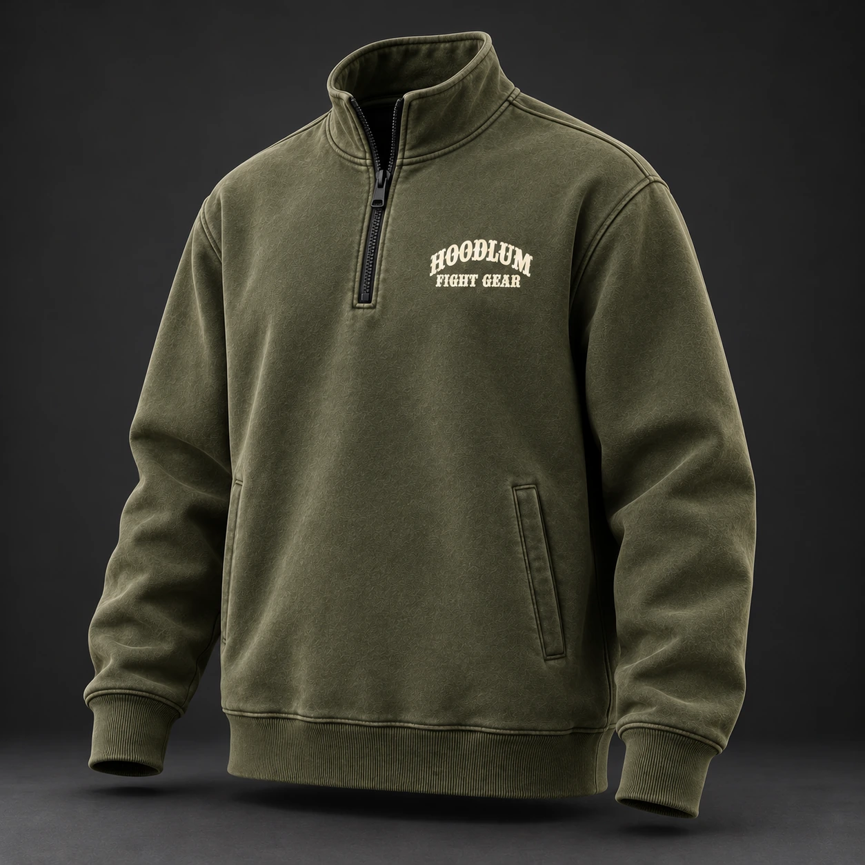 Everyday Fighter Half-Zip — Three-quarter view (AI demo concept)