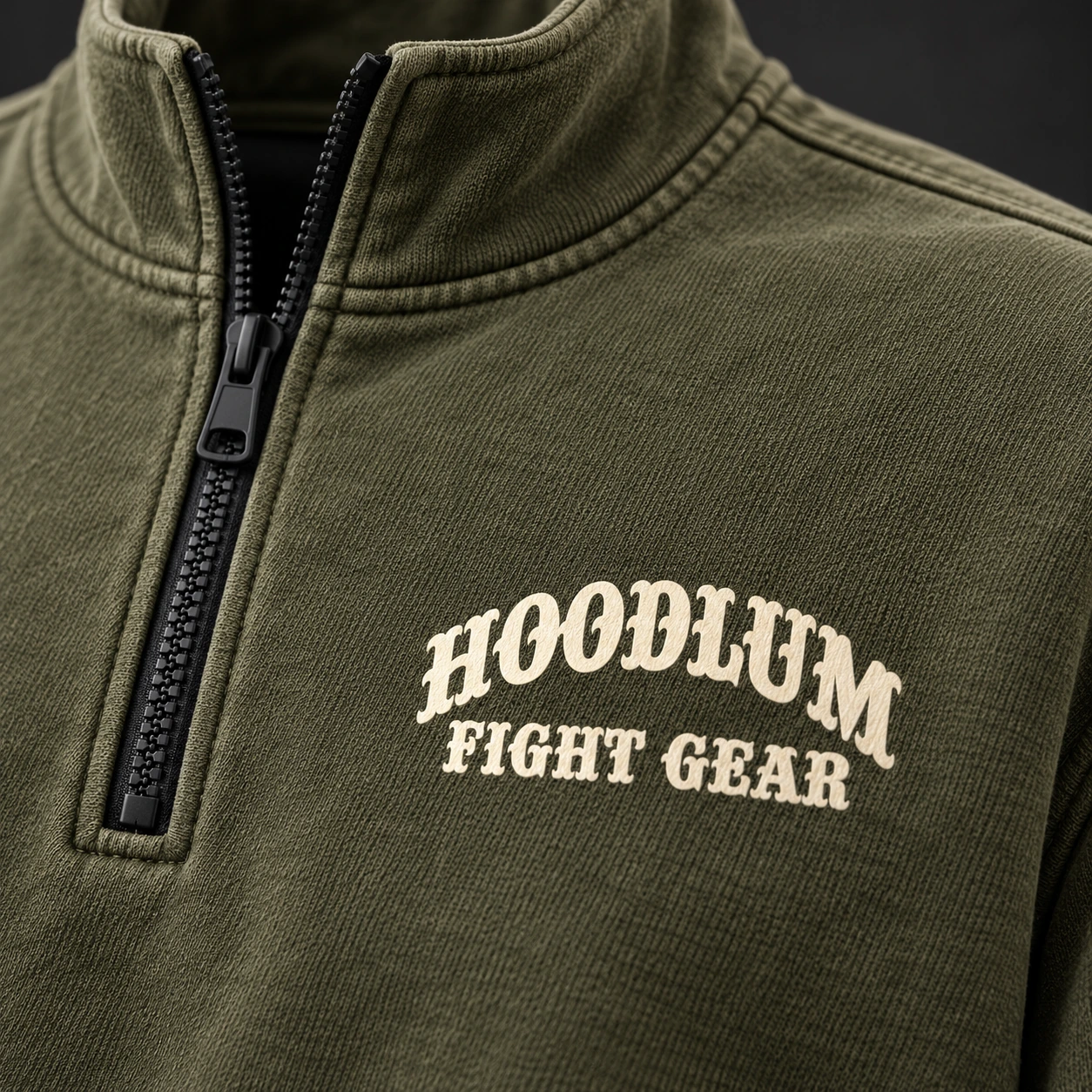 Everyday Fighter Half-Zip — Branding detail (AI demo concept)