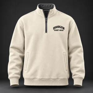 Everyday Fighter Half-Zip — Bone / Graphite — Front view (AI demo concept)
