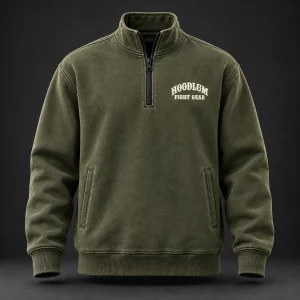 Everyday Fighter Half-Zip — Olive / Carbon — Front view (AI demo concept)