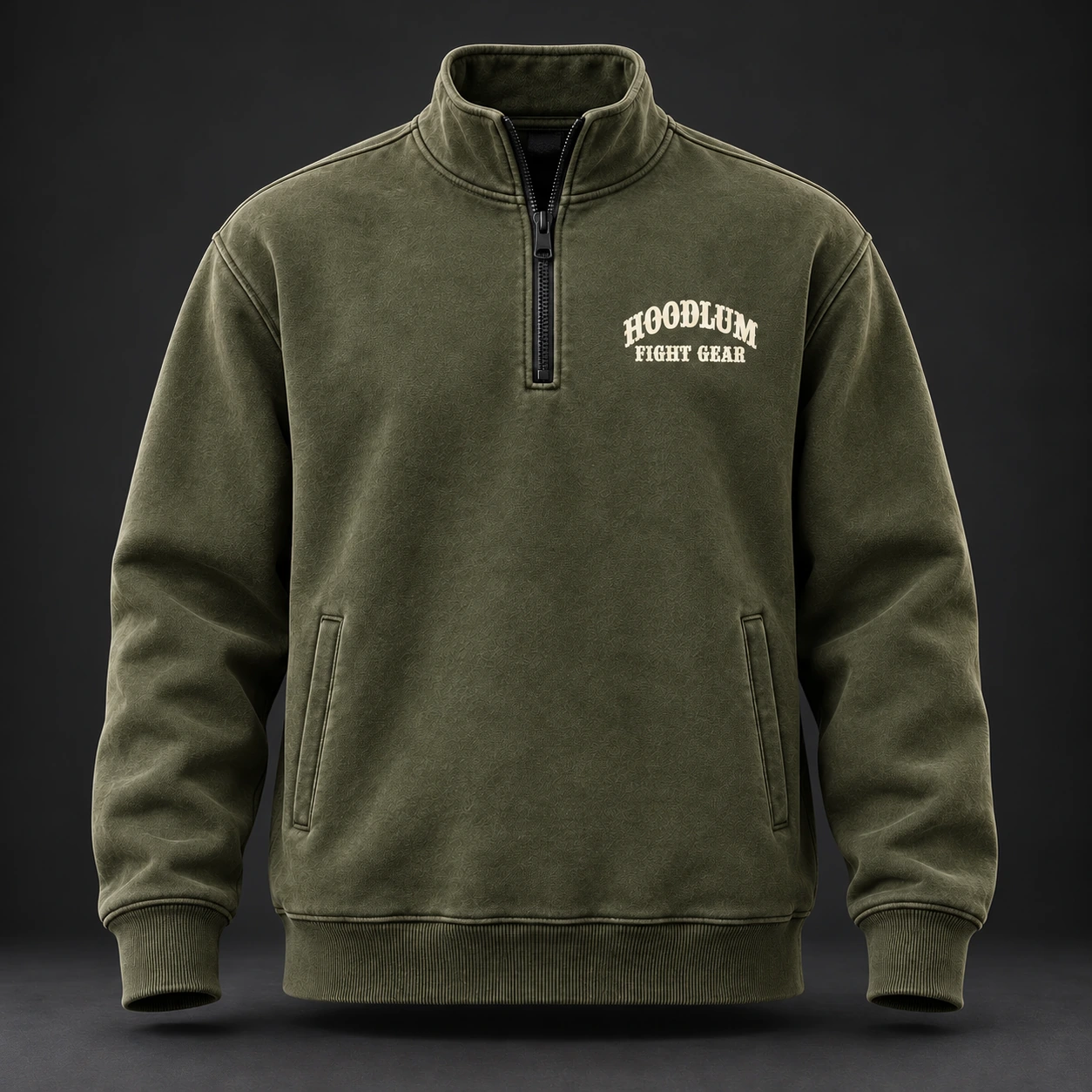 Everyday Fighter Half-Zip — Olive / Carbon — Front view (AI demo concept)