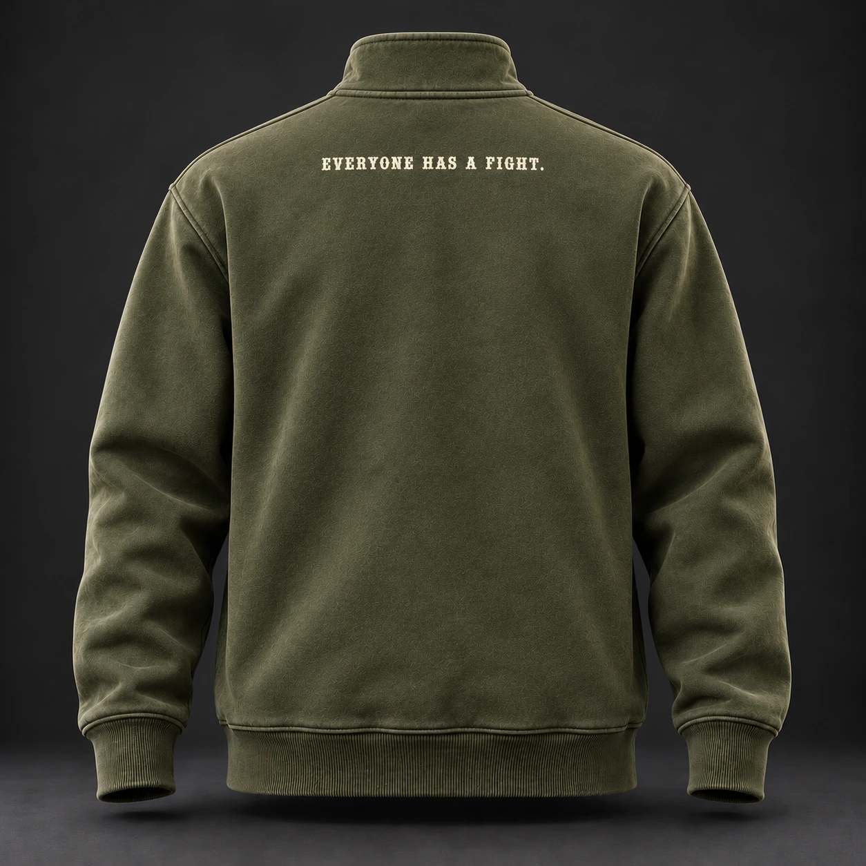 Everyday Fighter Half-Zip — Olive / Carbon — Back view (AI demo concept)