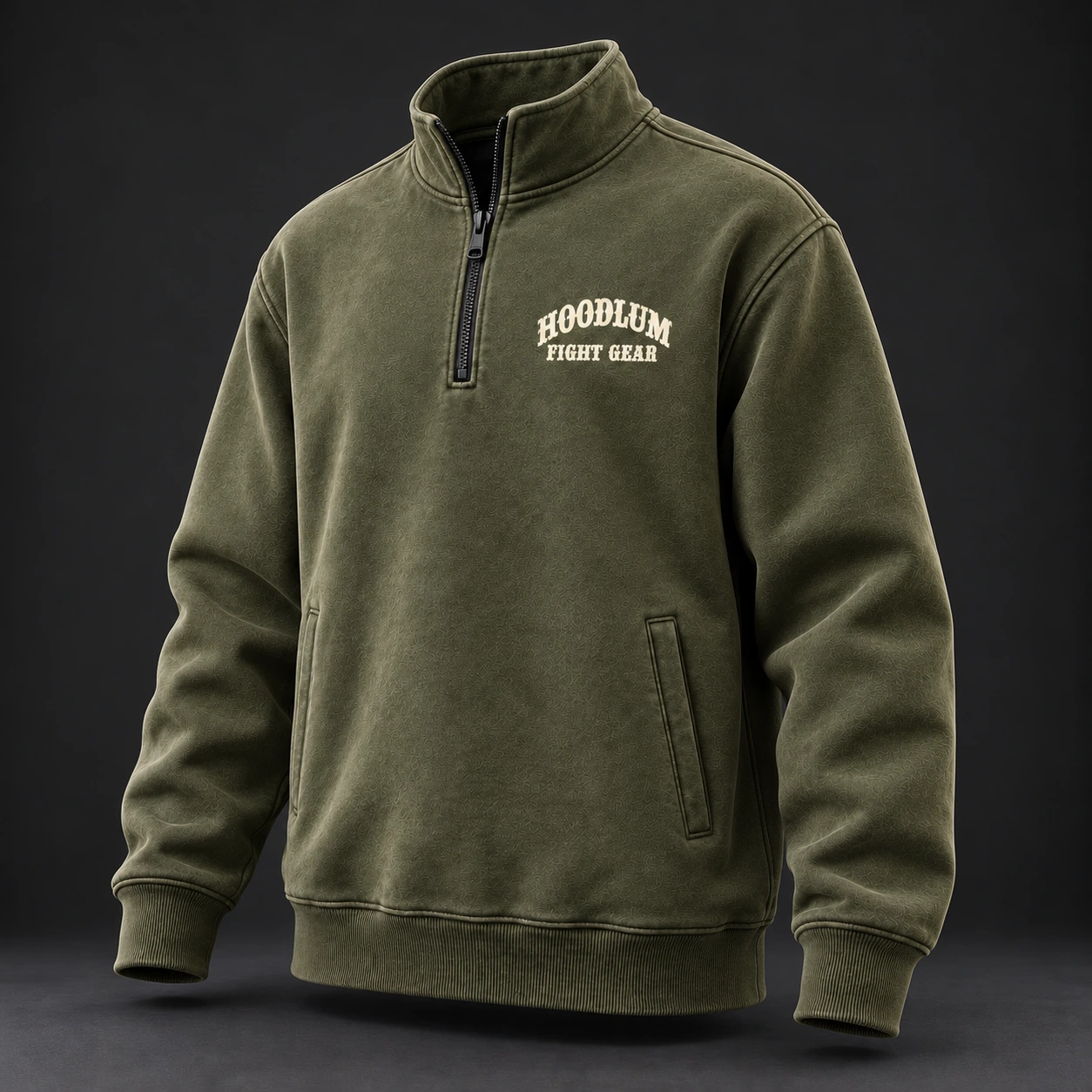 Everyday Fighter Half-Zip — Olive / Carbon — Three-quarter view (AI demo concept)