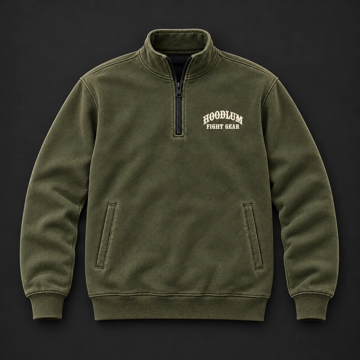 Everyday Fighter Half-Zip — Olive / Carbon — Flat-lay view (AI demo concept)