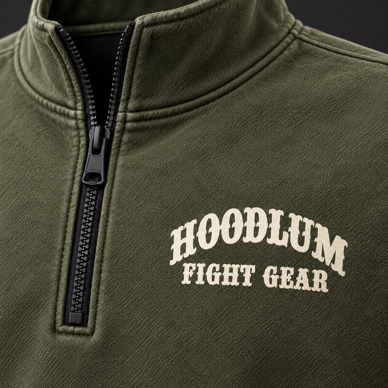 Everyday Fighter Half-Zip — Olive / Carbon — Branding detail (AI demo concept)