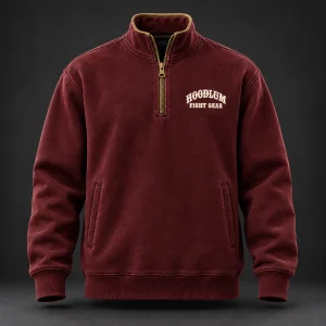 Everyday Fighter Half-Zip — Oxblood / Brass — Front view (AI demo concept)