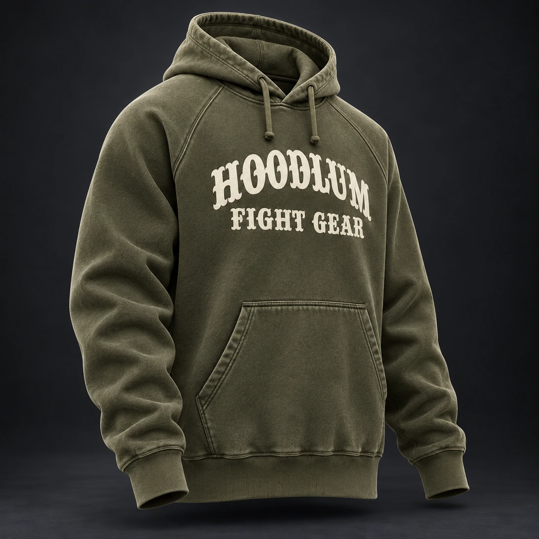Everyday Fighter Hoodie — Three-quarter view (AI demo concept)