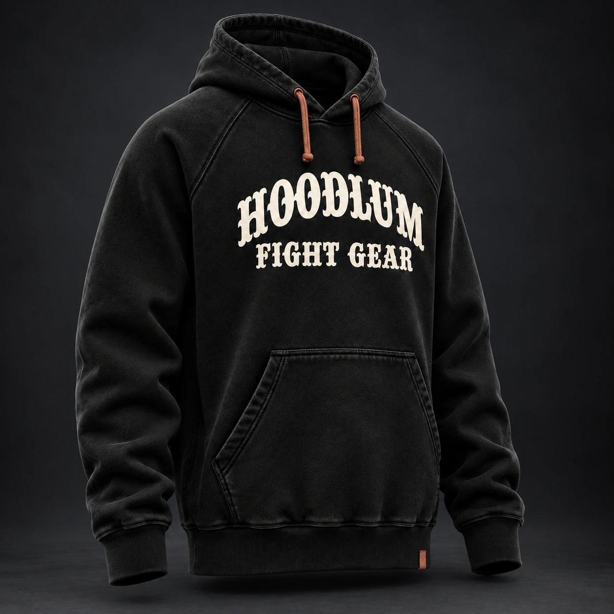 Everyday Fighter Hoodie — Black / Copper — Three-quarter view (AI demo concept)