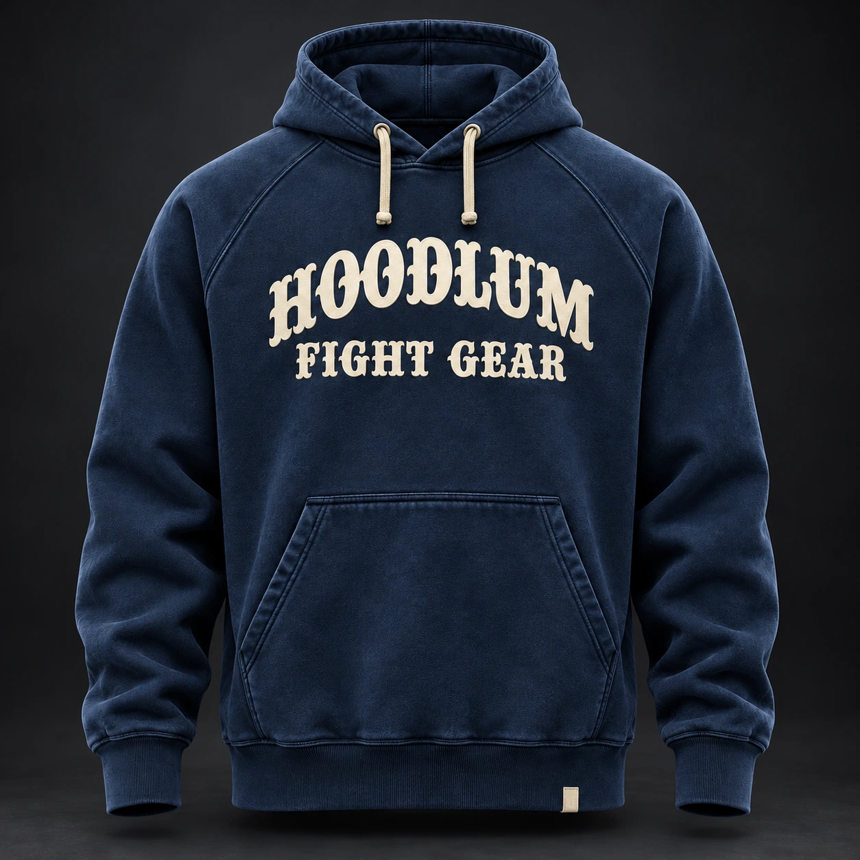 Everyday Fighter Hoodie — Marine / Bone — Front view (AI demo concept)