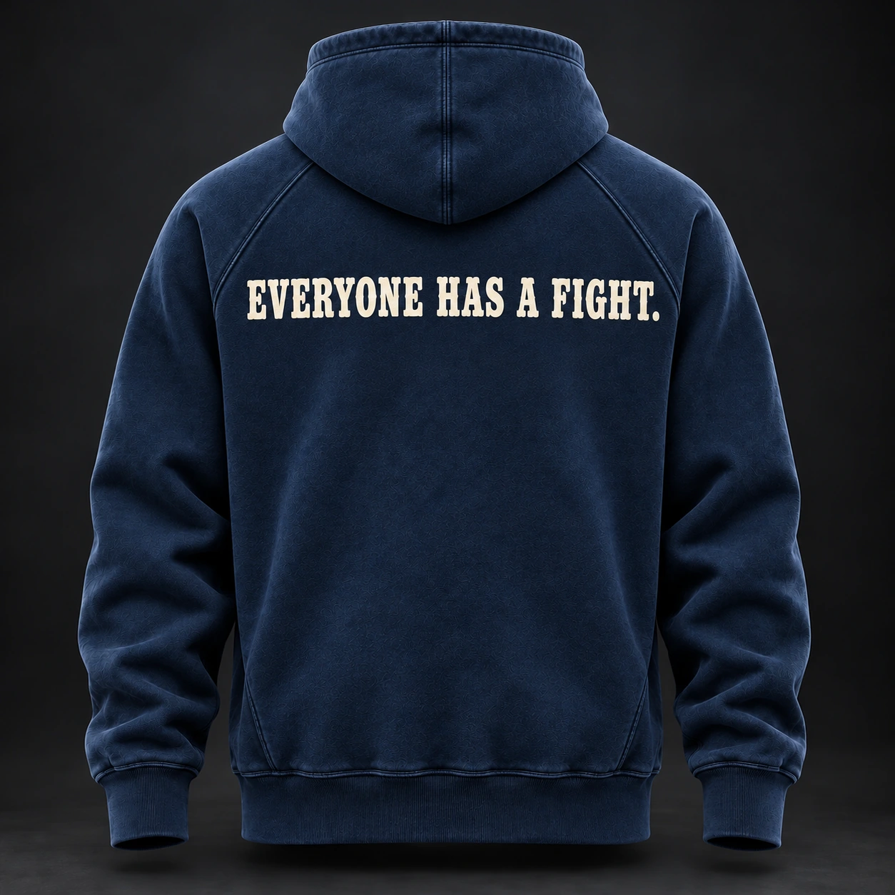 Everyday Fighter Hoodie — Marine / Bone — Back view (AI demo concept)