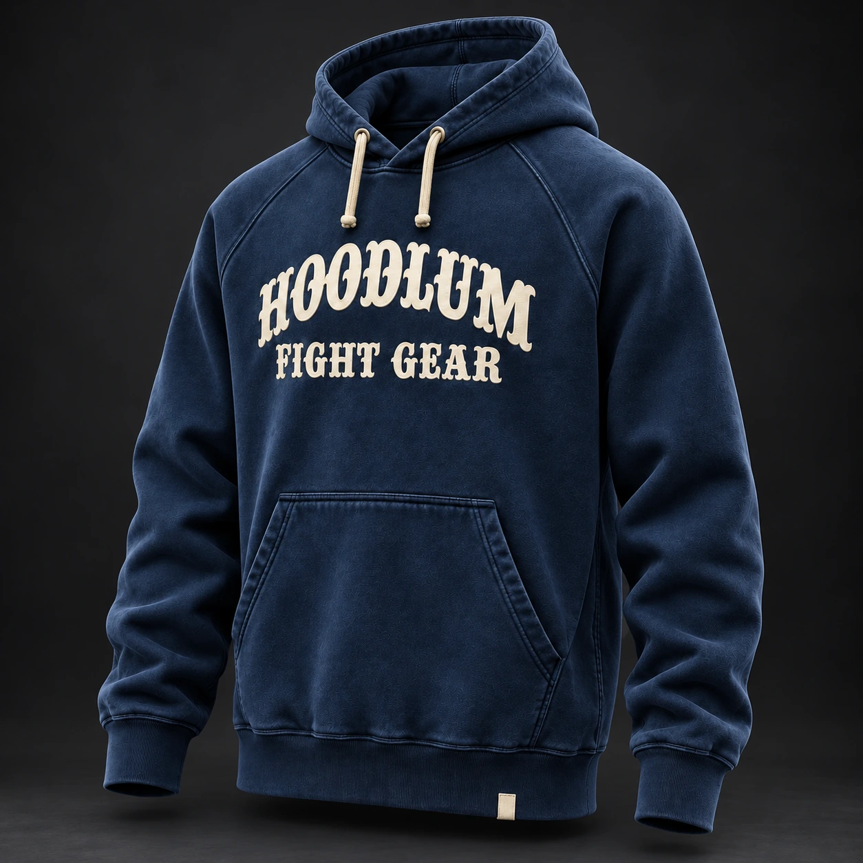 Everyday Fighter Hoodie — Marine / Bone — Three-quarter view (AI demo concept)