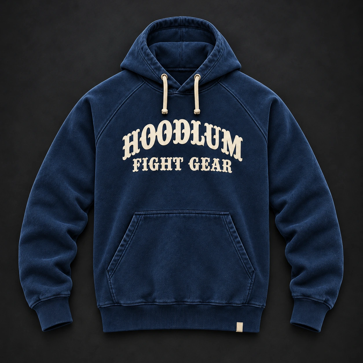 Everyday Fighter Hoodie — Marine / Bone — Flat-lay view (AI demo concept)