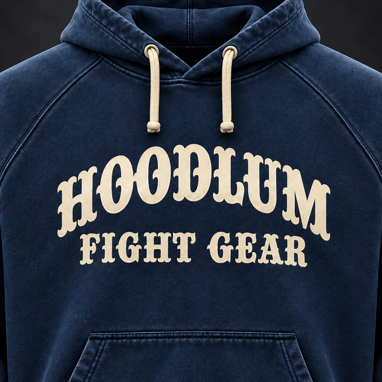 Everyday Fighter Hoodie — Marine / Bone — Branding detail (AI demo concept)