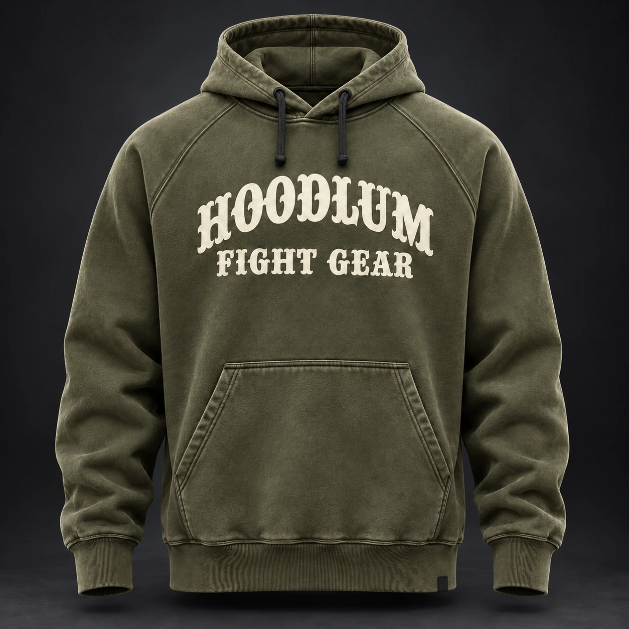 Everyday Fighter Hoodie — Olive / Carbon — Front view (AI demo concept)