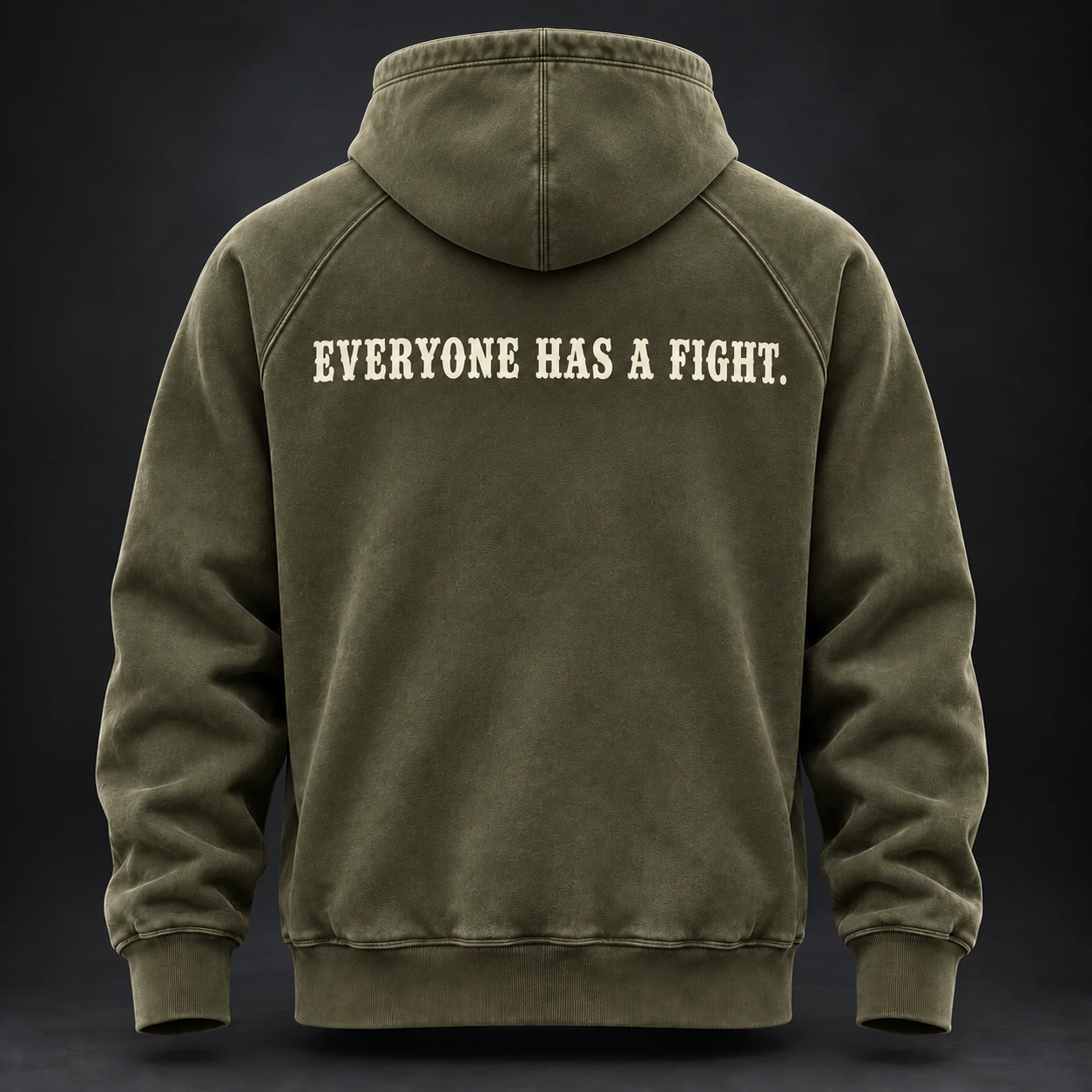 Everyday Fighter Hoodie — Olive / Carbon — Back view (AI demo concept)