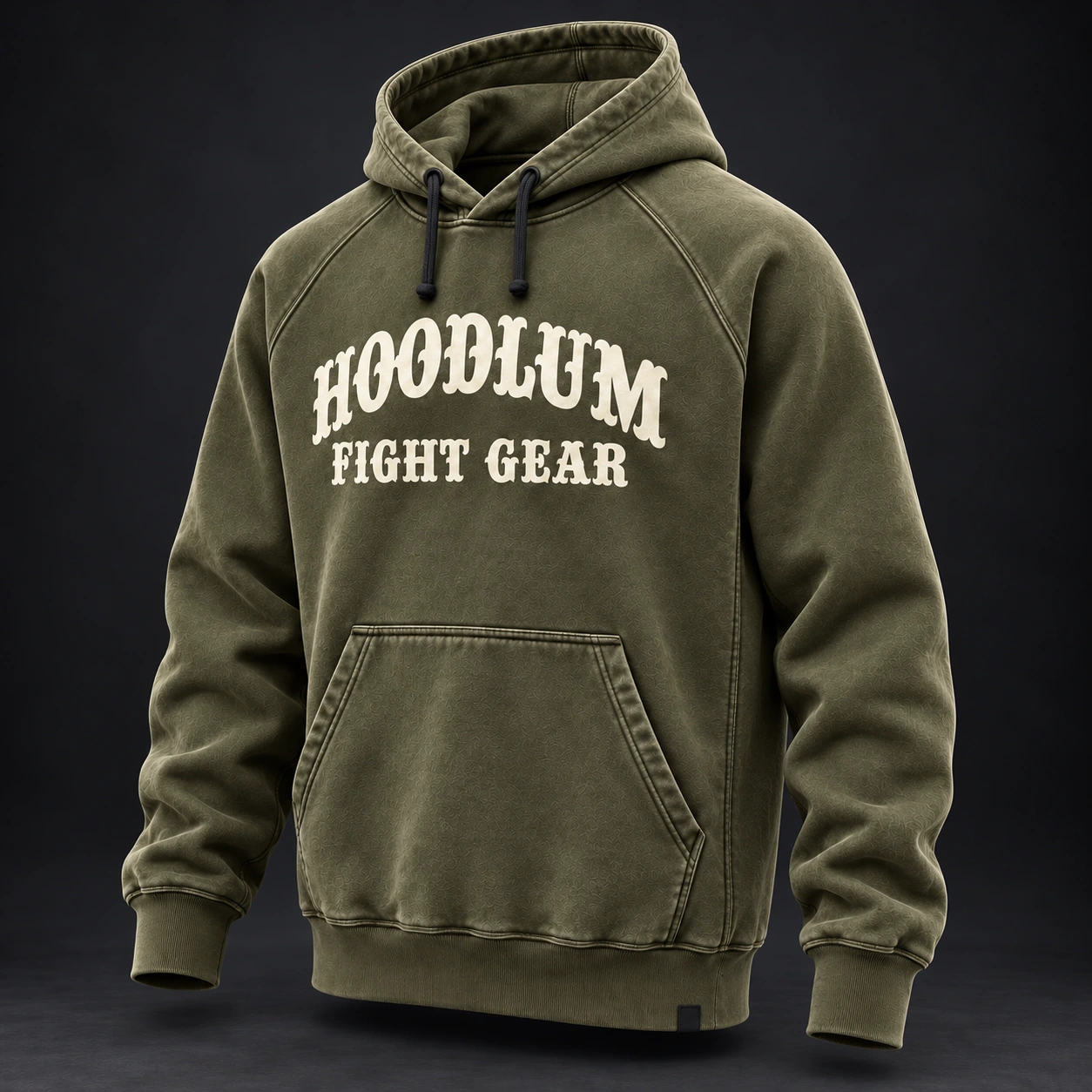 Everyday Fighter Hoodie — Olive / Carbon — Three-quarter view (AI demo concept)