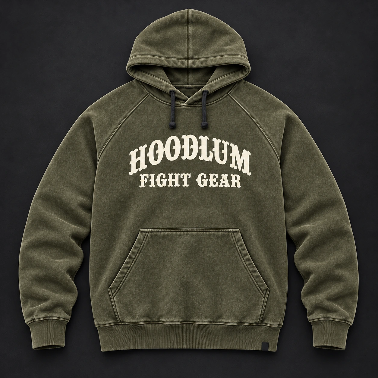 Everyday Fighter Hoodie — Olive / Carbon — Flat-lay view (AI demo concept)