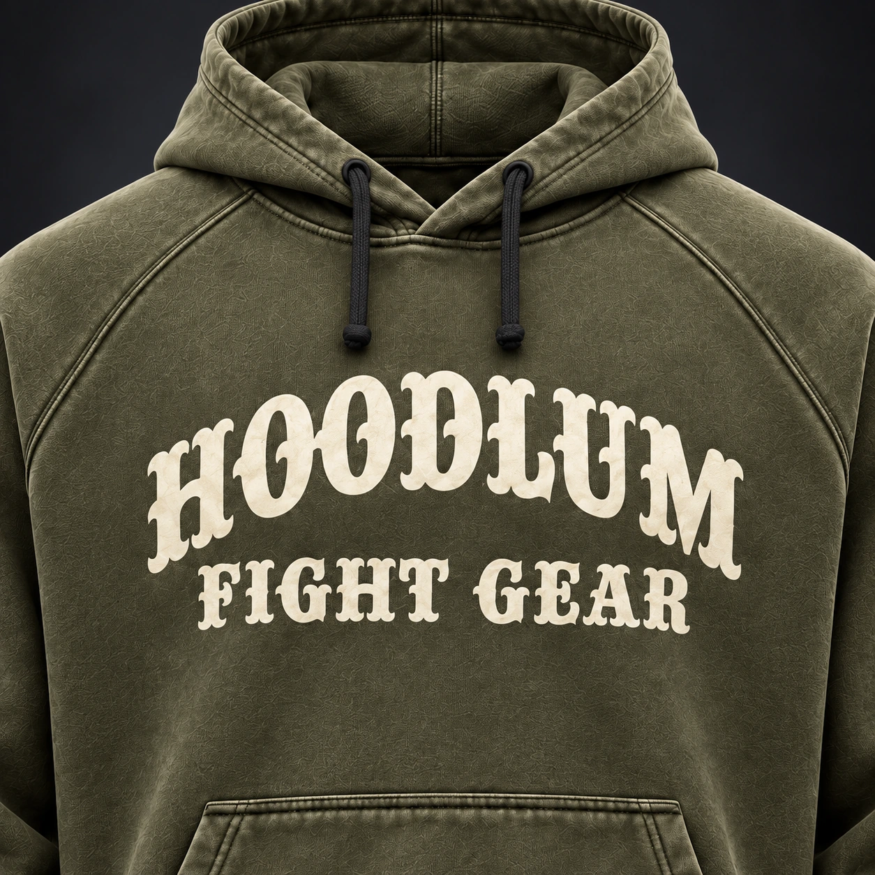 Everyday Fighter Hoodie — Olive / Carbon — Branding detail (AI demo concept)