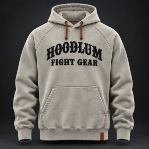Everyday Fighter Hoodie — Stone / Rust — Front view (AI demo concept)