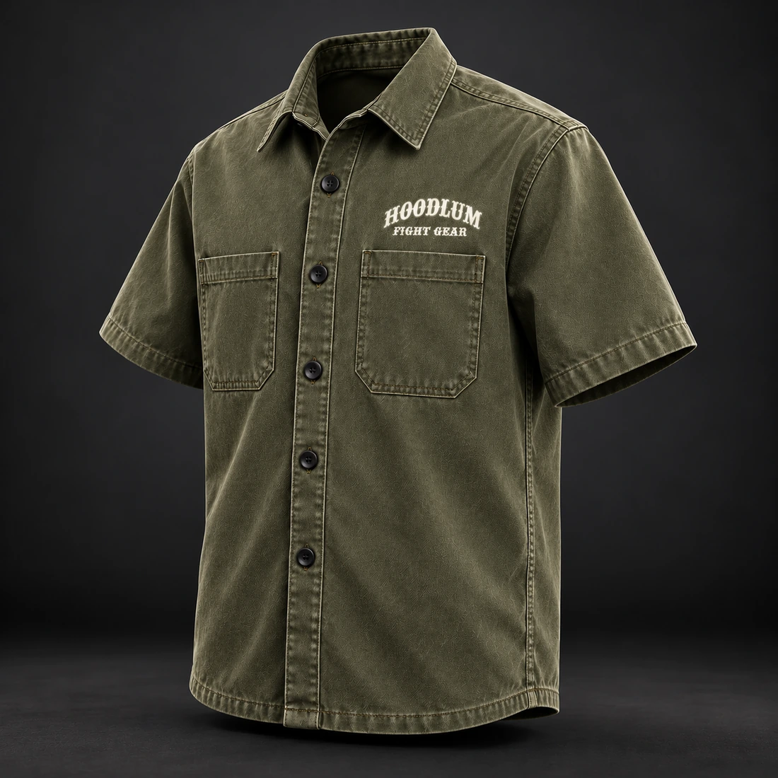 Everyday Fighter Work Shirt — Three-quarter view (AI demo concept)
