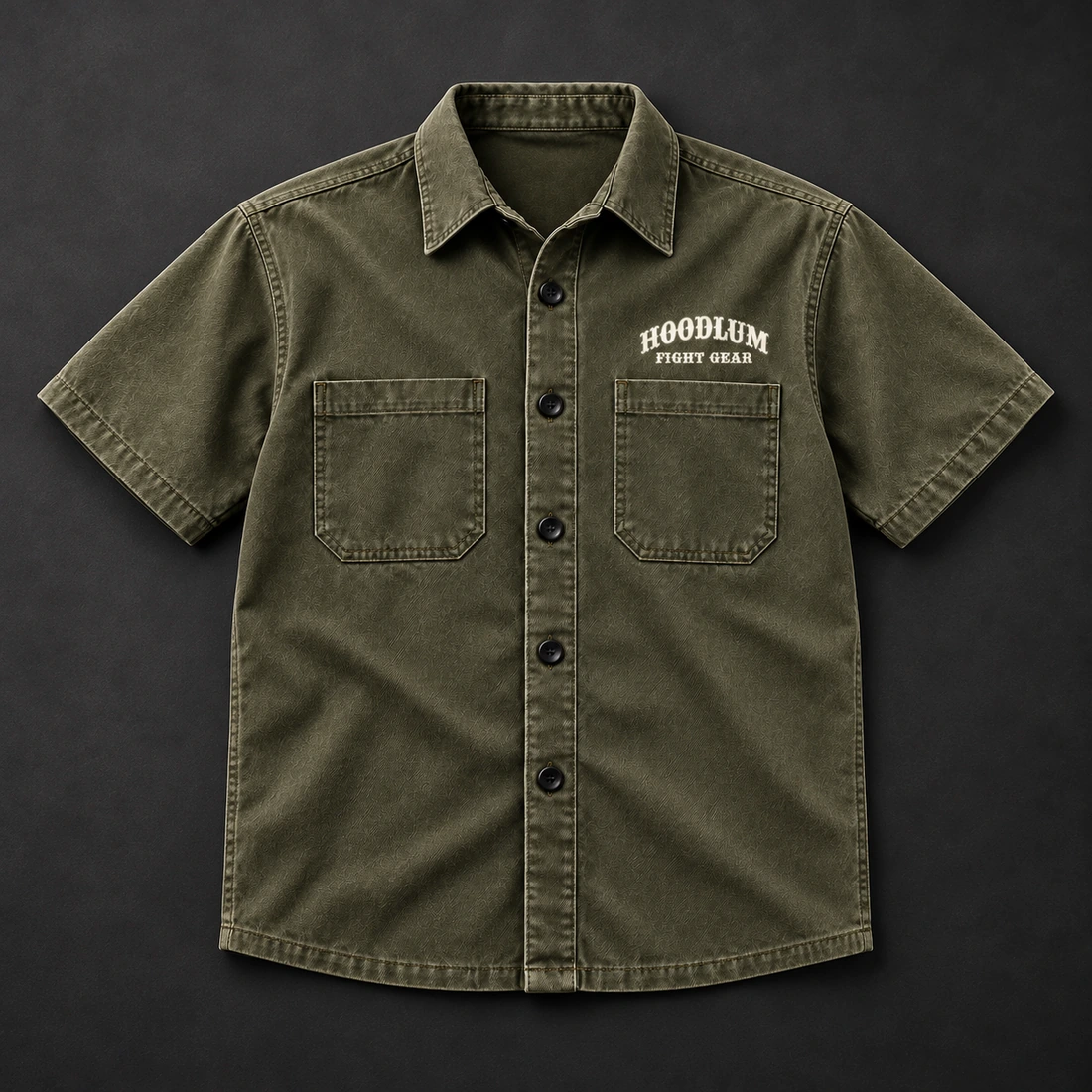Everyday Fighter Work Shirt — Flat-lay view (AI demo concept)