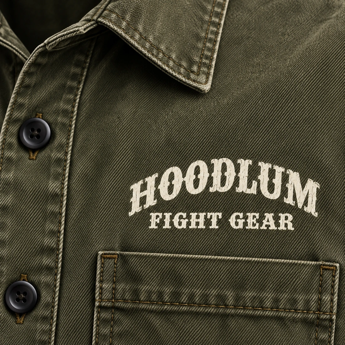 Everyday Fighter Work Shirt — Branding detail (AI demo concept)