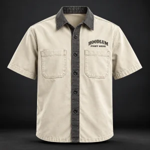Everyday Fighter Work Shirt — Bone / Graphite — Front view (AI demo concept)