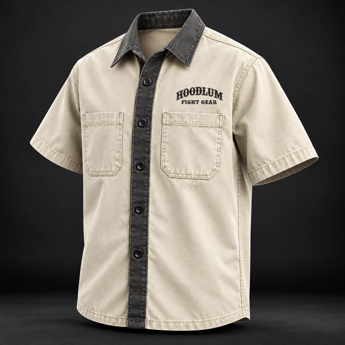Everyday Fighter Work Shirt — Bone / Graphite — Three-quarter view (AI demo concept)