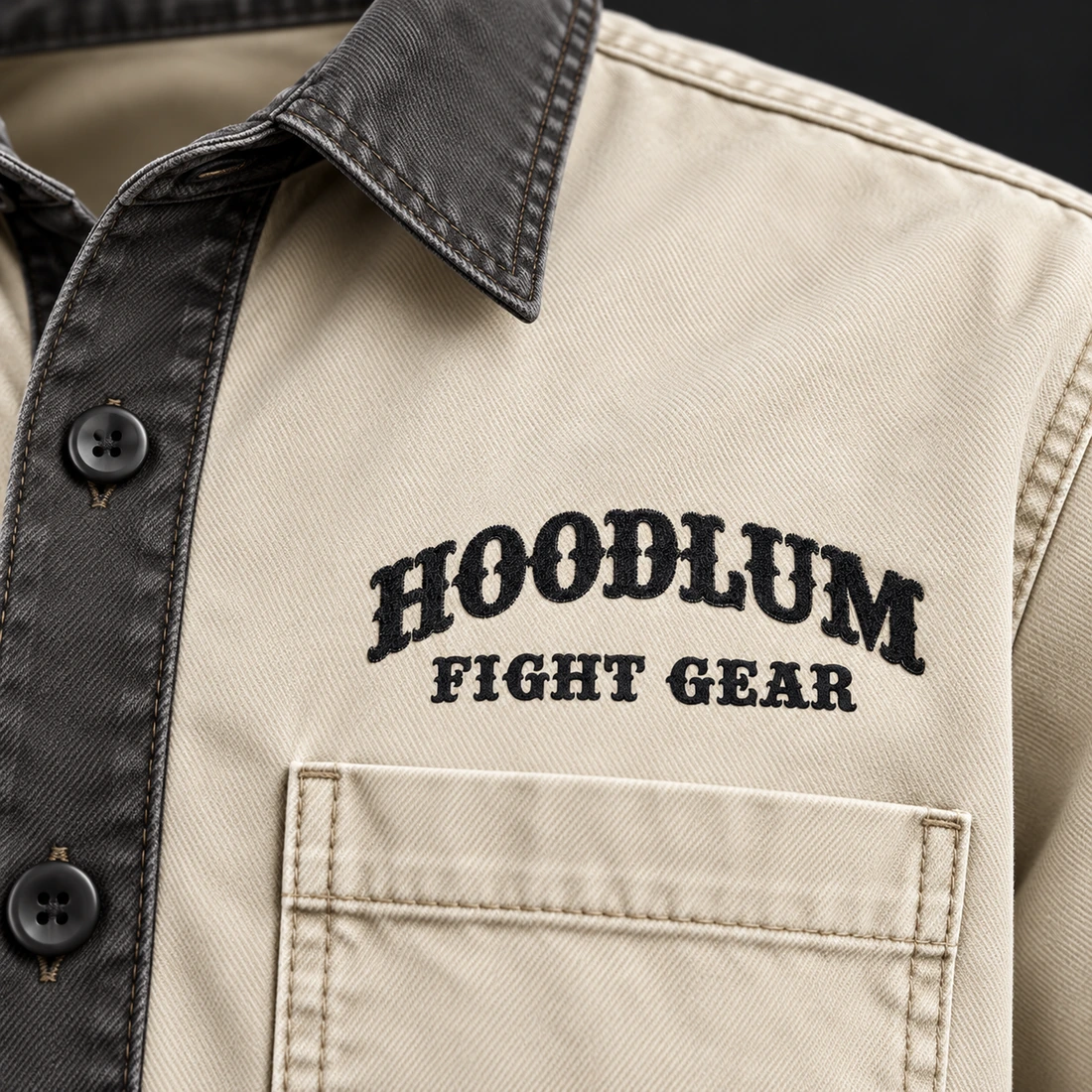 Everyday Fighter Work Shirt — Bone / Graphite — Branding detail (AI demo concept)