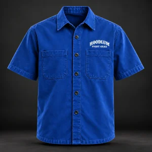 Everyday Fighter Work Shirt — Cobalt / Steel — Front view (AI demo concept)