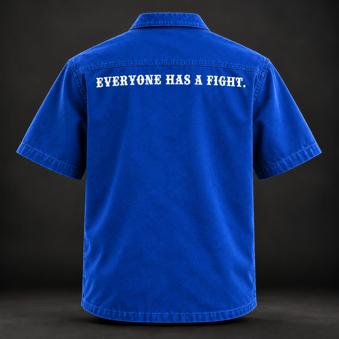 Everyday Fighter Work Shirt — Cobalt / Steel — Back view (AI demo concept)