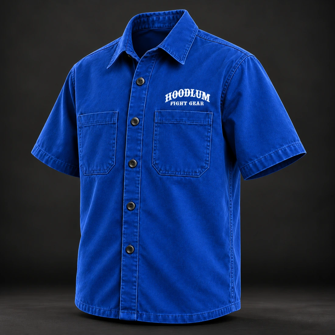 Everyday Fighter Work Shirt — Cobalt / Steel — Three-quarter view (AI demo concept)