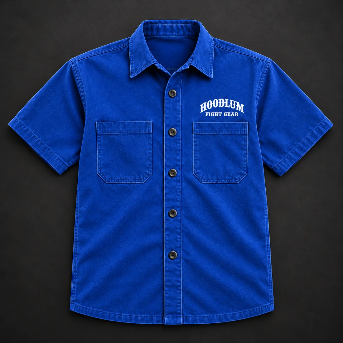 Everyday Fighter Work Shirt — Cobalt / Steel — Flat-lay view (AI demo concept)