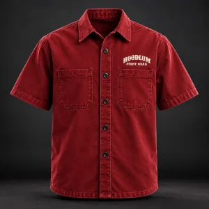 Everyday Fighter Work Shirt — Crimson / Onyx — Front view (AI demo concept)