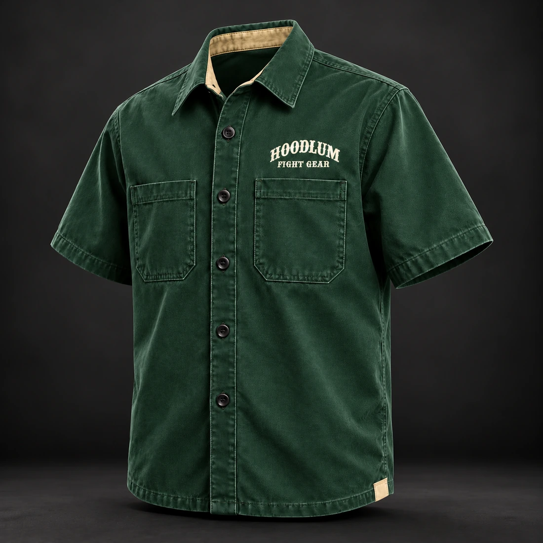 Everyday Fighter Work Shirt — Forest / Sand — Three-quarter view (AI demo concept)