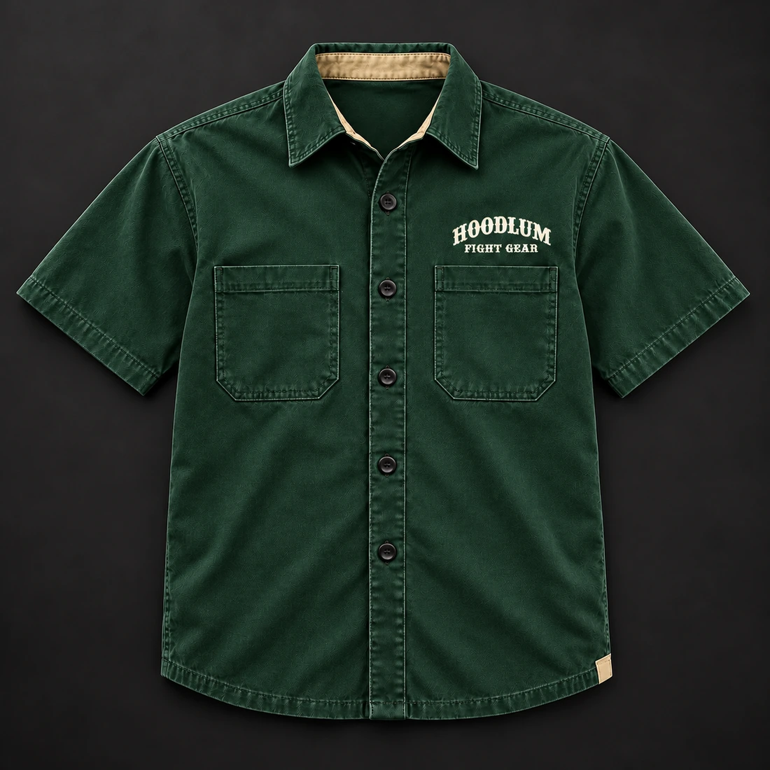Everyday Fighter Work Shirt — Forest / Sand — Flat-lay view (AI demo concept)
