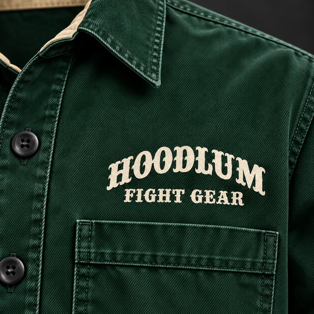 Everyday Fighter Work Shirt — Forest / Sand — Branding detail (AI demo concept)