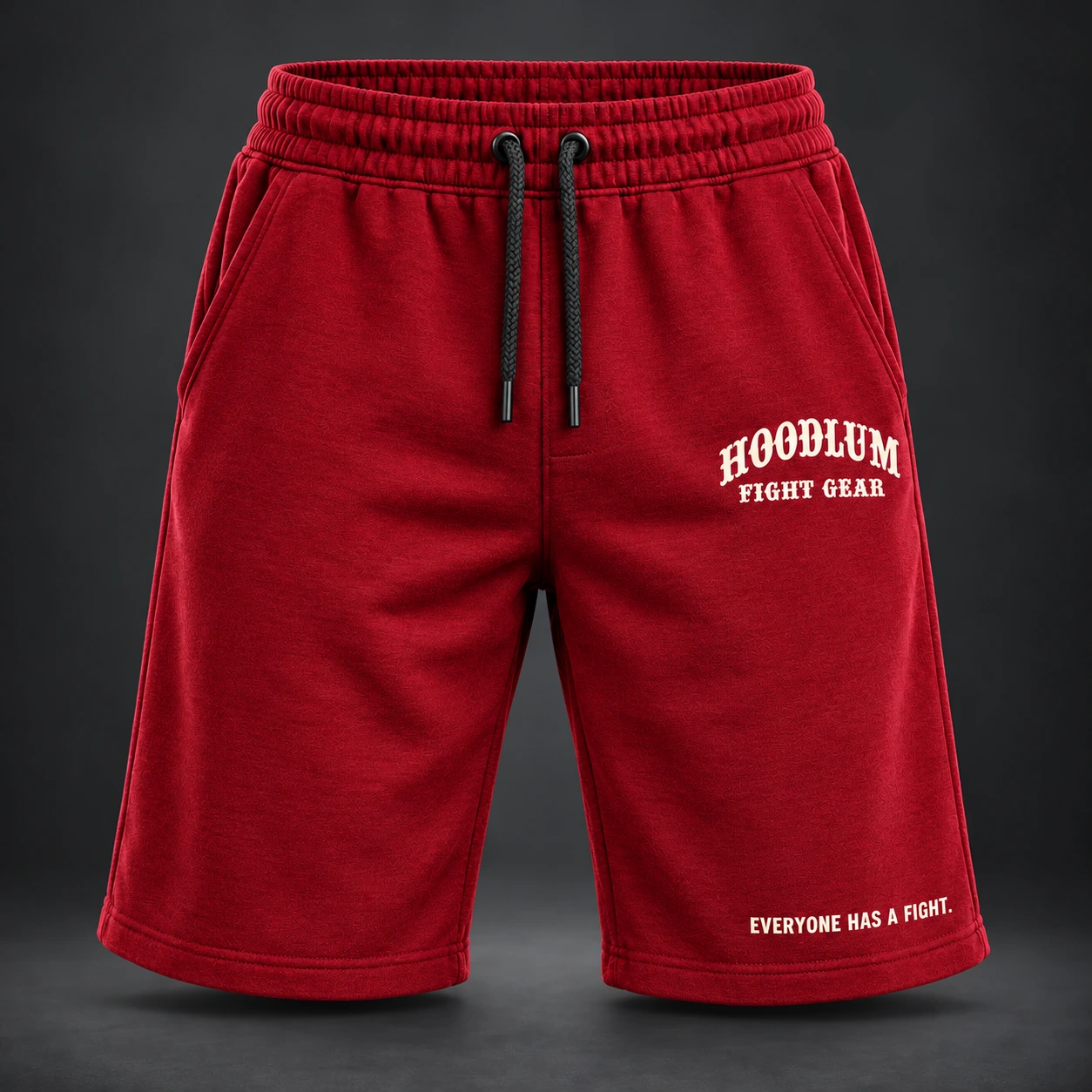 Everyday Jersey Shorts — Crimson / Onyx — Front view (AI demo concept)