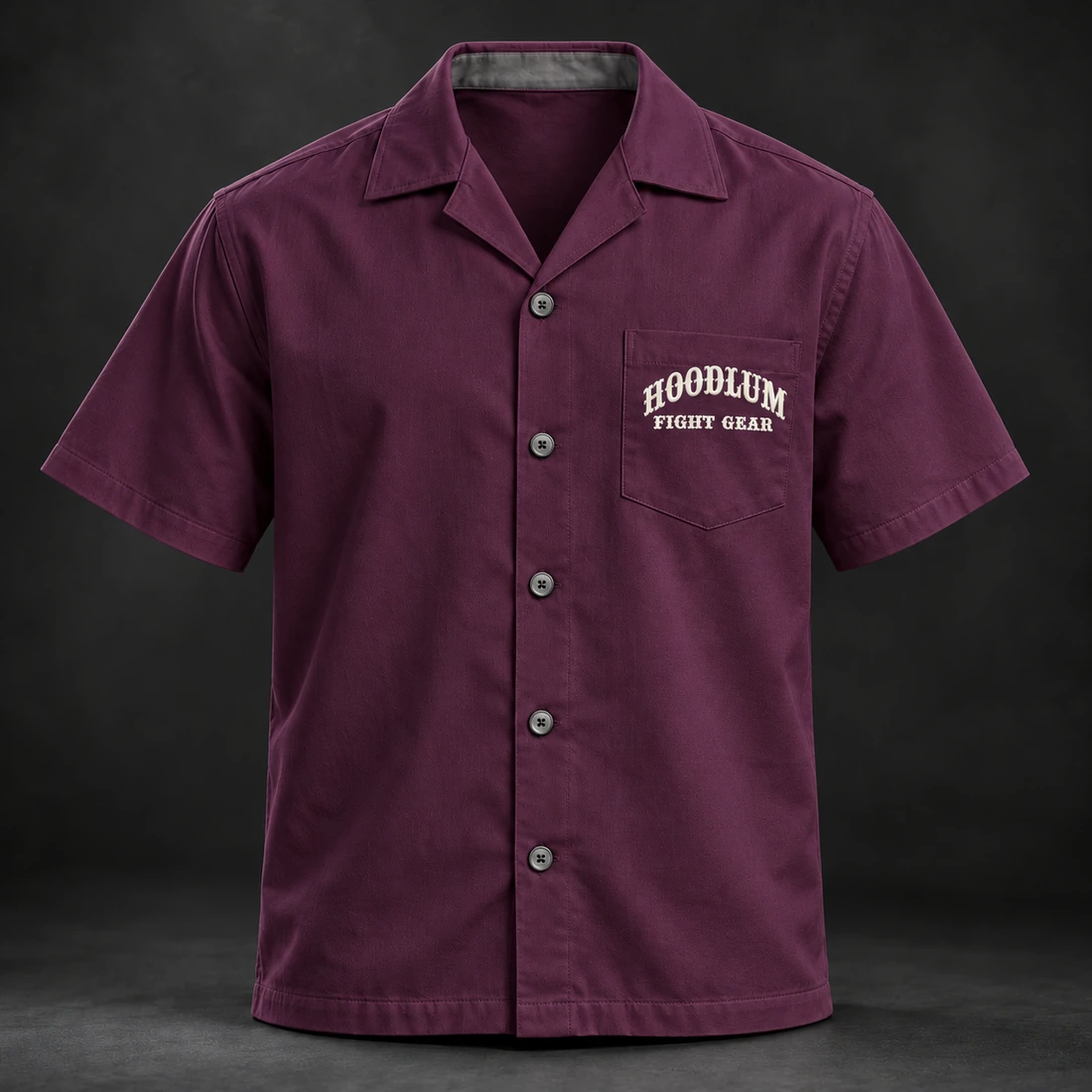 Fight Spirit Camp Shirt — Plum / Pewter — Front view (AI demo concept)