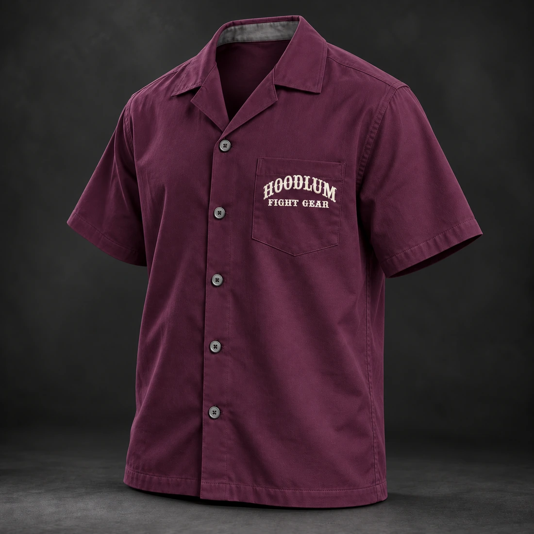 Fight Spirit Camp Shirt — Plum / Pewter — Three-quarter view (AI demo concept)
