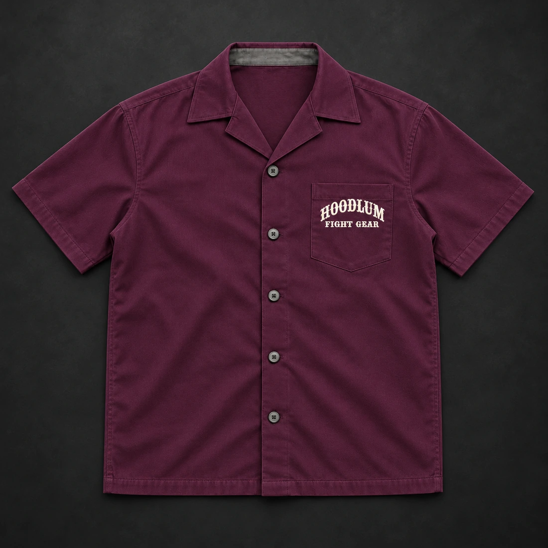 Fight Spirit Camp Shirt — Plum / Pewter — Flat-lay view (AI demo concept)