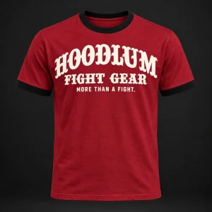 Fight Spirit Ringer Tee — Crimson / Onyx — Front view (AI demo concept)