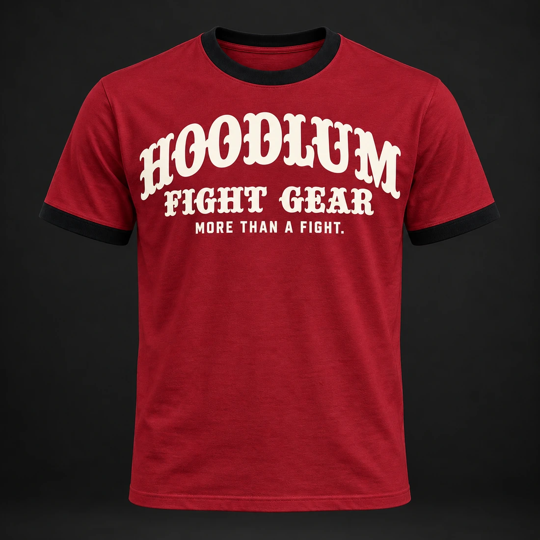 Fight Spirit Ringer Tee — Crimson / Onyx — Front view (AI demo concept)
