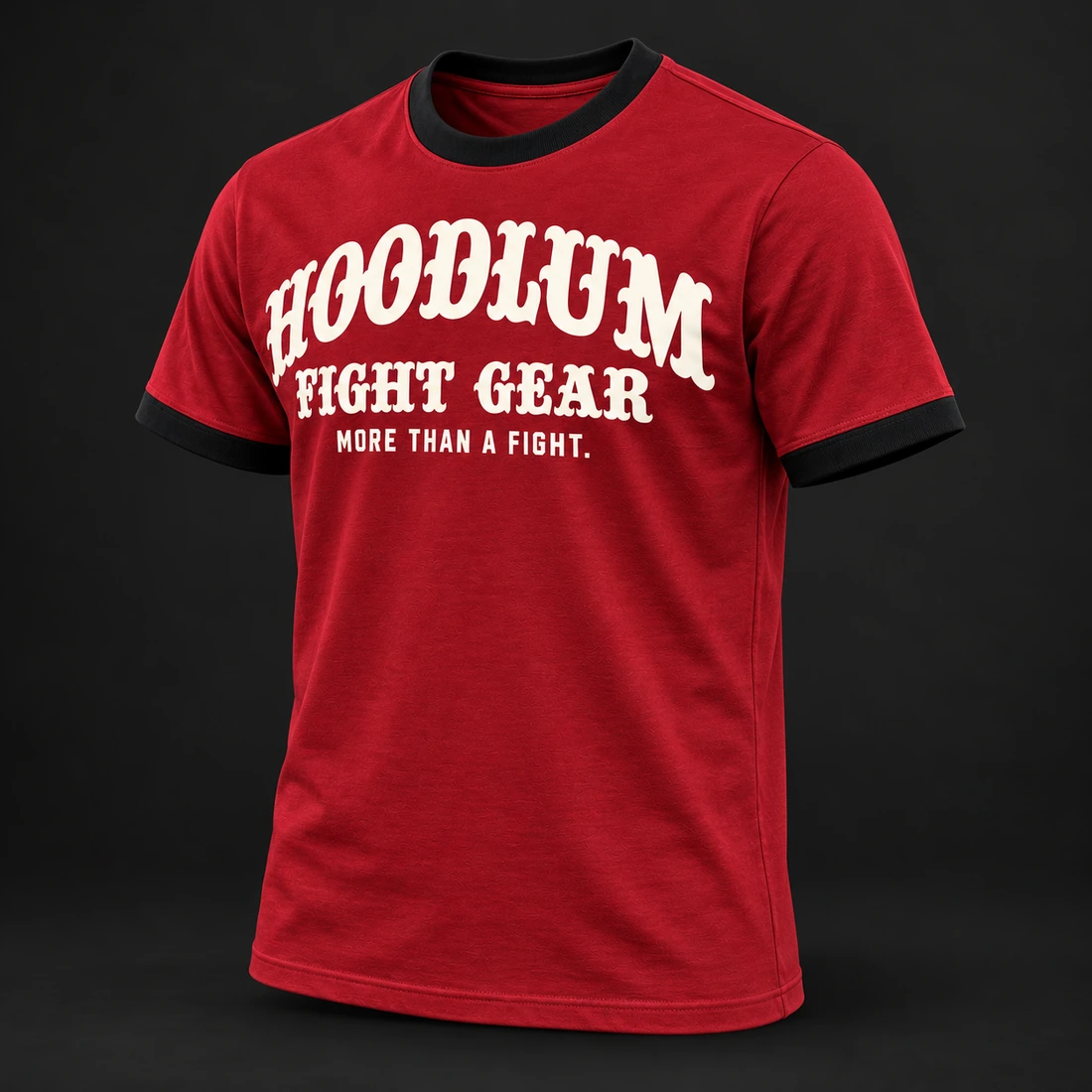 Fight Spirit Ringer Tee — Crimson / Onyx — Three-quarter view (AI demo concept)