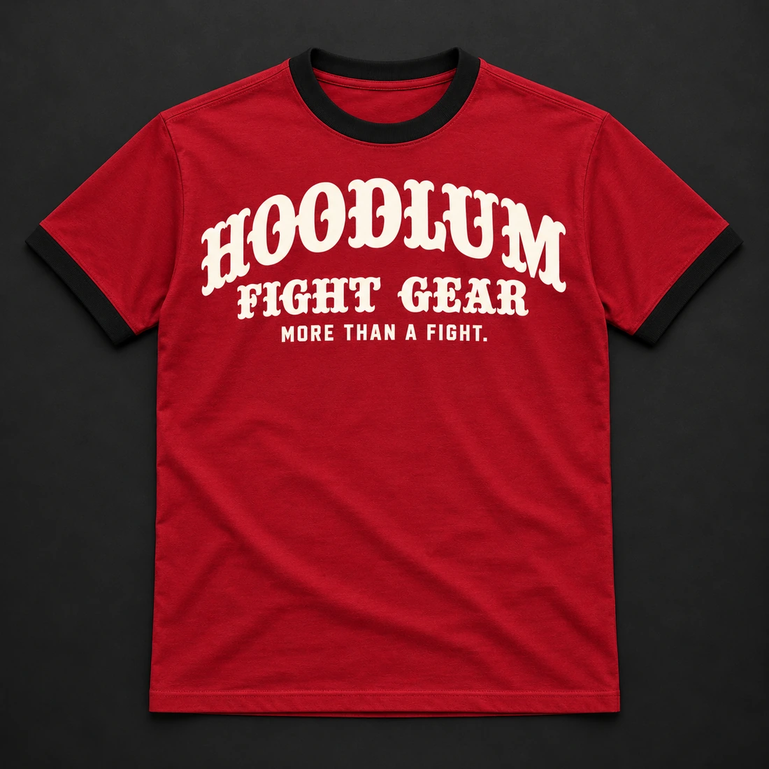 Fight Spirit Ringer Tee — Crimson / Onyx — Flat-lay view (AI demo concept)