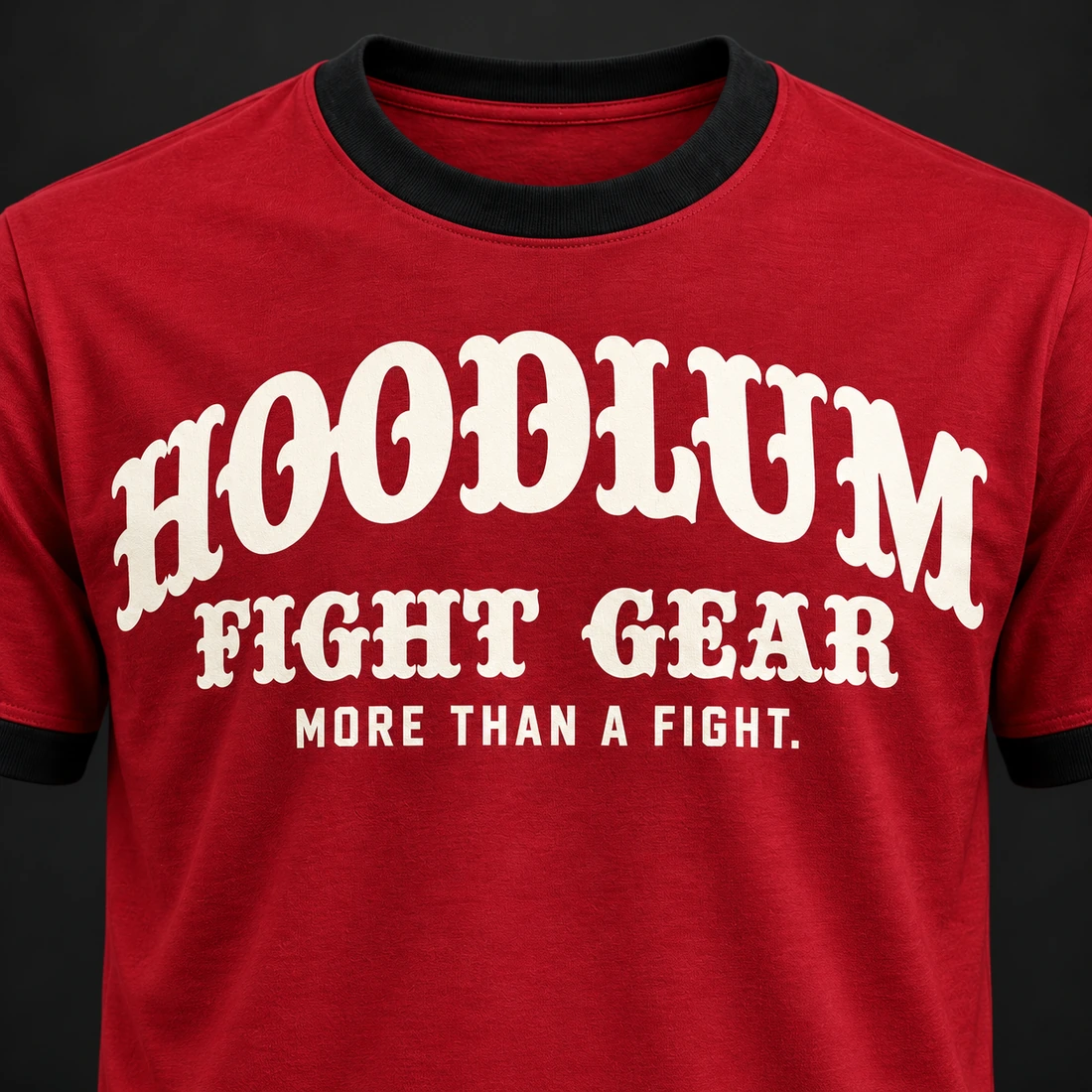 Fight Spirit Ringer Tee — Crimson / Onyx — Branding detail (AI demo concept)